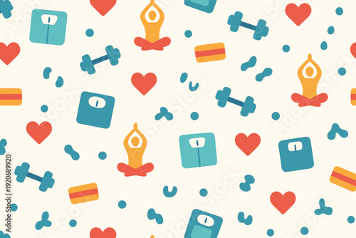 Colorful pattern with fitness and wellness symbols showing weights, scales, heart shapes, and yoga poses in a fun design