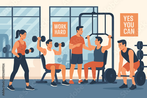 People exercising in a gym with motivational signs during the day