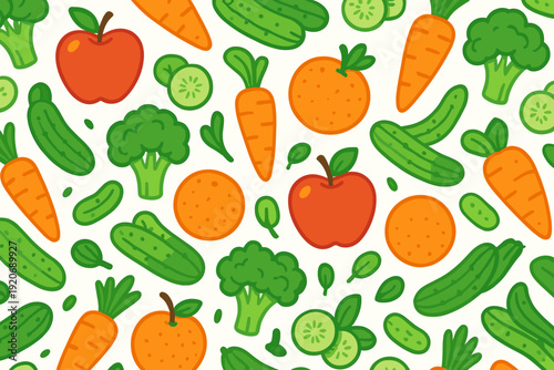 Bright pattern of fruits and vegetables on a white background showing apples, oranges, carrots, cucumbers, broccoli, and green leaves