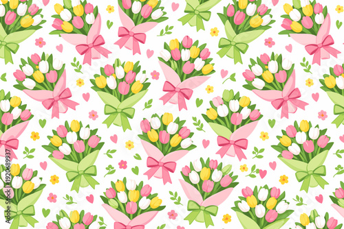 Colorful bouquets with pink and yellow flowers arranged in a repeated pattern on a white background with hearts and leaves scattered around