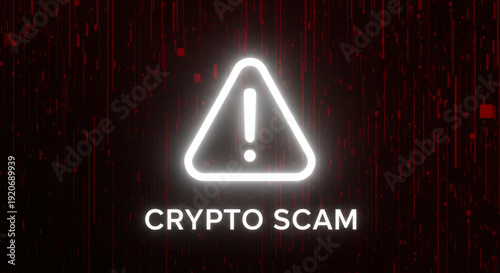 Glowing crypto scam warning sign on dark background