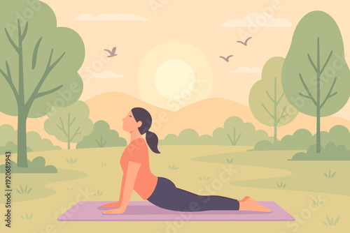 Yoga practice in a sunny park with mountains and trees in the background during the day