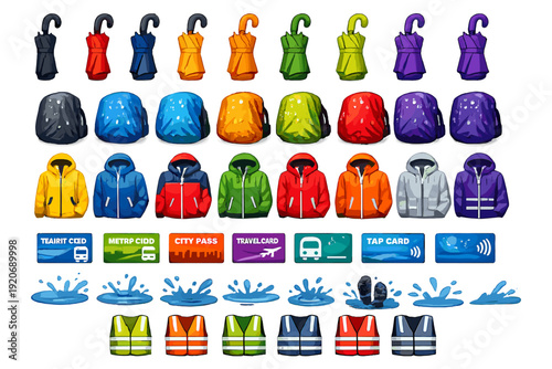 Different types of rain gear, bags, and travel cards displayed in a colorful arrangement for outdoor activities and urban travel