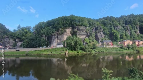Imposing Sandstone Rock Formation Scenery Seen From Moving Rail Car, Schöna, Saxony, Germany