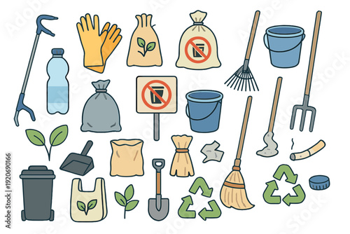 Tools and items for cleaning and gardening found in community spaces during a cleanup event in the city