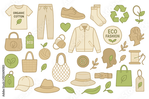 Eco fashion design elements featuring clothing, accessories, and nature symbols in soft colors on a white background