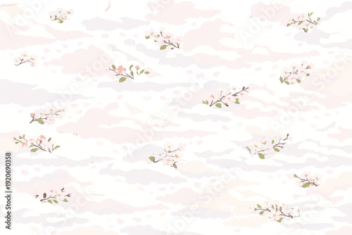 Soft clouds and delicate flowers are scattered across a light background in a simple pattern design often used in fabric or wallpaper