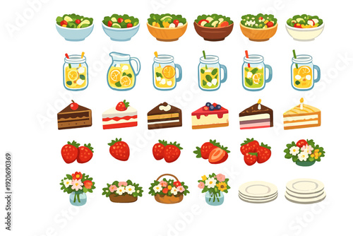 Display of various food items and drinks on a white background showing salads, desserts, drinks, and flowers