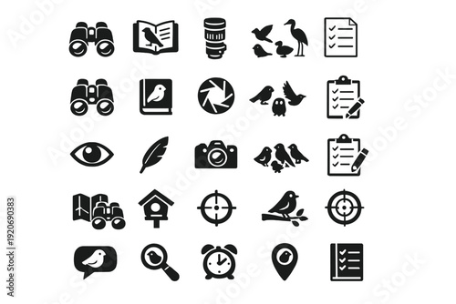Various black icons illustrating activities related to nature observation and bird watching in a simple and clear style
