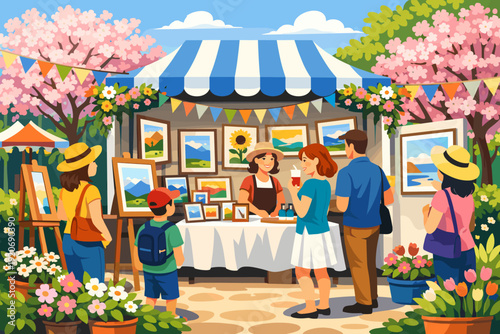 Art market brings people together around local works in a sunny park on a warm spring day with trees and flowers