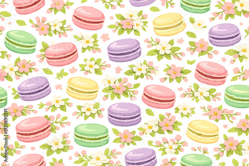 Colorful pattern of macarons and flowers on a white background seen in a bright setting during spring