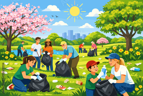 Community members clean park area together on a sunny day with trees, flowers, and skyline in the background