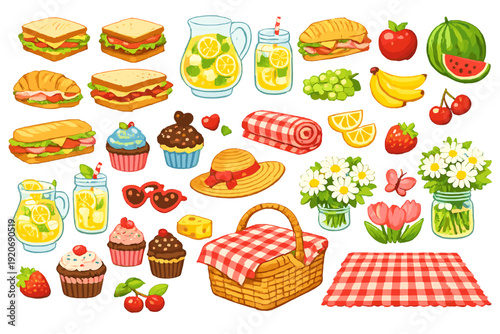 Picnic scene with food items and drinks on a red and white checkered blanket in a sunny setting