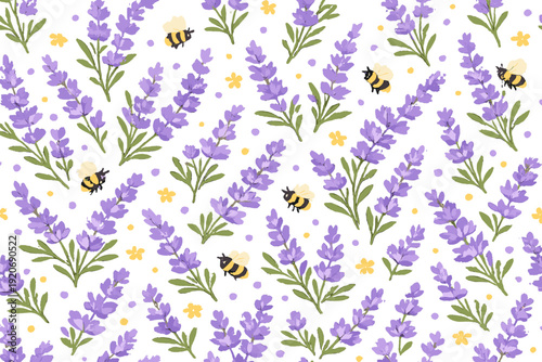 Lavender flowers with bees in a garden setting during spring under bright sunlight