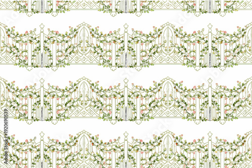 Floral pattern design featuring gates and vines with detailed line work in a repeating layout