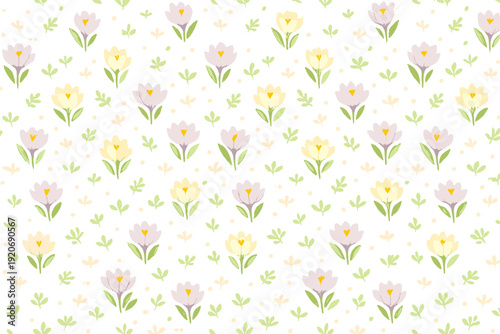 Pattern of flowers in pastel colors on a white background with simple plant designs