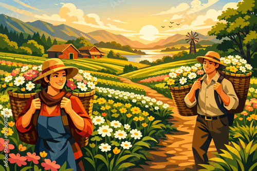 Farmers carry flower baskets on a bright evening in a rural valley near a lake and mountains