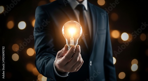 Person in suit holding a glowing light bulb with blurred background