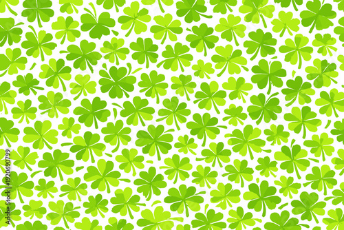 Large collection of green clover leaves arranged on a white background for decorative use or celebration of St. Patrick's Day