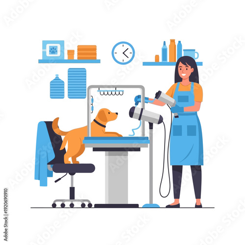 Professional dog grooming salon with groomer drying a happy golden retriever