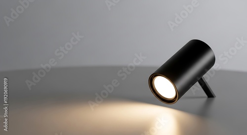 Modern spotlight with light beam on a gray surface lamp
