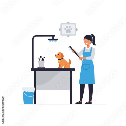 Professional groomer brushing a cute puppy on a grooming table, pet care concept
