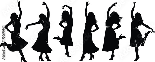 Black silhouettes of women dancing in various poses white background