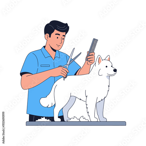 Professional groomer trimming white dog's fur with scissors and comb on grooming table