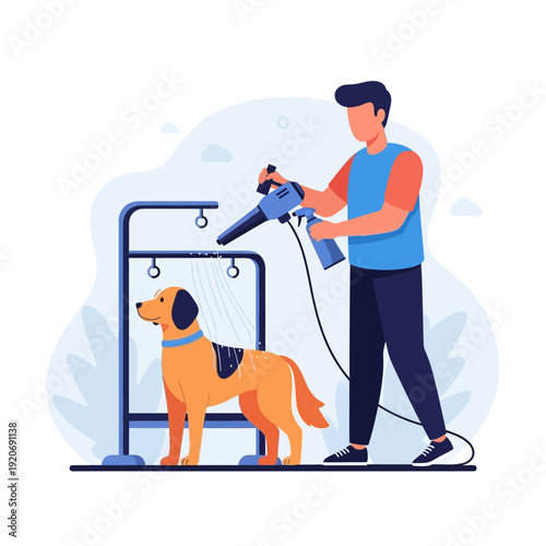 Groomer drying dog with professional blower after bath in grooming salon