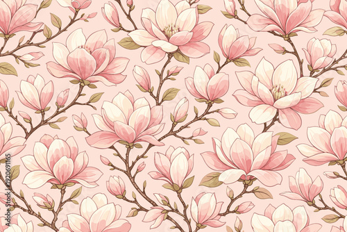 Floral pattern with pink magnolia flowers on branches against a light background
