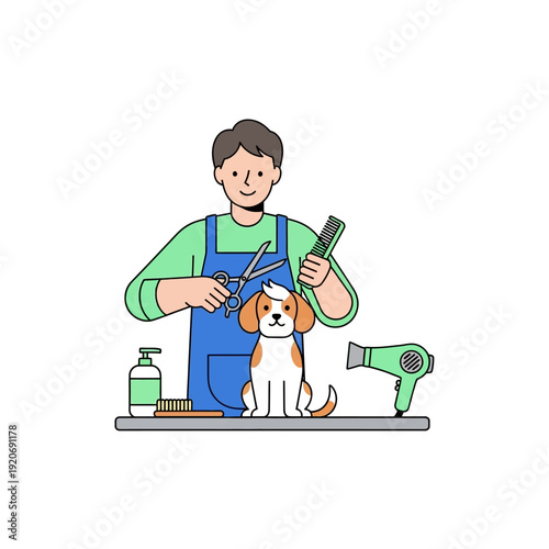 Groomer with scissors and comb styling cute dog, hairdryer and shampoo bottle on table