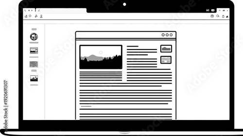 Minimalist laptop screen showing web browser with generic website layout, text content, image placeholder. Web design, UI/UX concept.