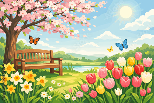 Spring day in a garden with flowers, butterflies, and a wooden bench by a calm lake and green hills under a sunny sky