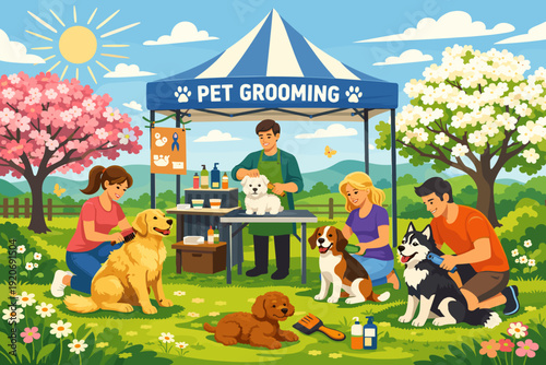 People groom dogs at a pet grooming event in a park during the day with trees and flowers around