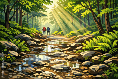 Walking on a forest path with sunlight shining through trees near a stream in the morning