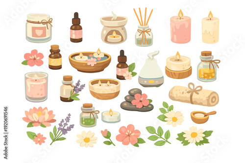 Collection of candles and essential oils on a white background for relaxation and aromatherapy activities