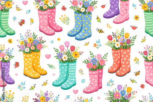 Colorful garden boots with flowers in a bright and cheerful pattern for spring art projects and home decor ideas