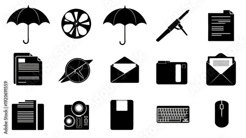 Collection of black silhouette vector icons featuring office, business, data, technology, and general concepts on white background.