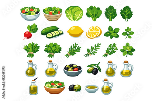 Fresh vegetables and herbs displayed with bowls of salad and oil in a simple layout showcasing healthy food choices