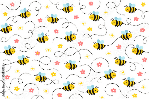 Bees flying around on a white background with flowers and dotted lines during a sunny day