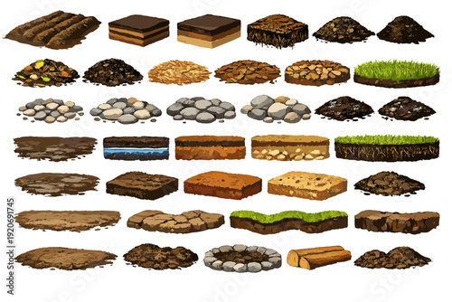 Collection of various soil types and textures displayed in a grid format for educational purposes about earth materials