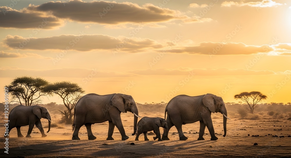 Fototapeta premium A majestic family of elephants walks purposefully across the vast savanna landscape during a beautiful golden hour sunset