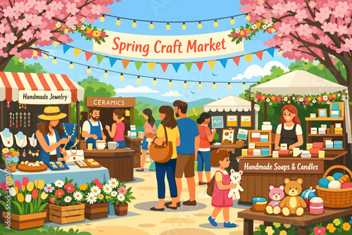 Visitors explore spring craft market with vendors selling handmade items in a park surrounded by flowers and trees