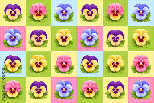 Colorful pansy flowers arranged in a grid pattern on a bright background in various colors and shapes