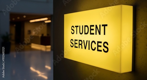 Yellow illuminated sign for STUDENTSERVICES mounted on a dark wall student services education