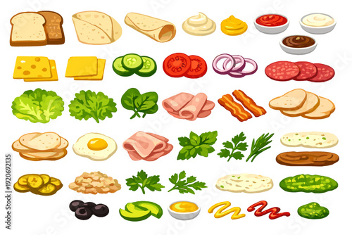 Variety of food items on a table for meal preparation in an indoor kitchen setting