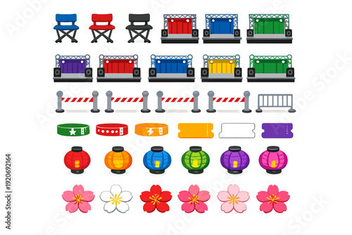 Different types of event seating, stage, and decorations for a large outdoor gathering in a park