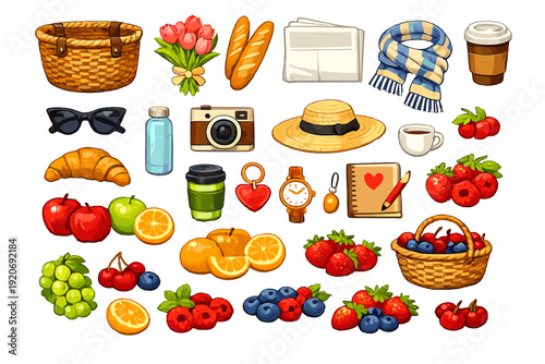 Summer picnic items displayed with fruits, drinks, and accessories on a clean background featuring food and outdoor gear