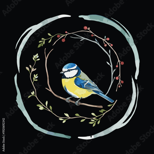 Watercolor European robin bird perched on a circular twig wreath branch vector illustration.