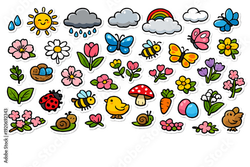 Colorful spring stickers showing flowers, insects, and animals on a white background for use in crafts and decorations